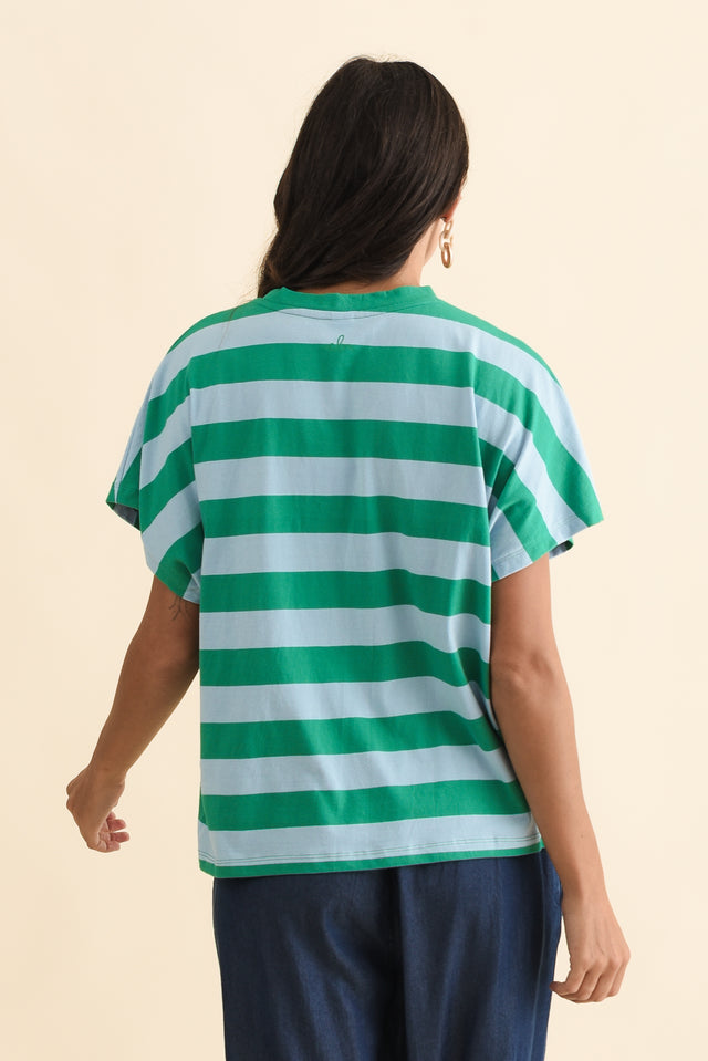 Poet Teal Stripe Cotton Tee,Brunette model,alt text|model:Brontie image 5