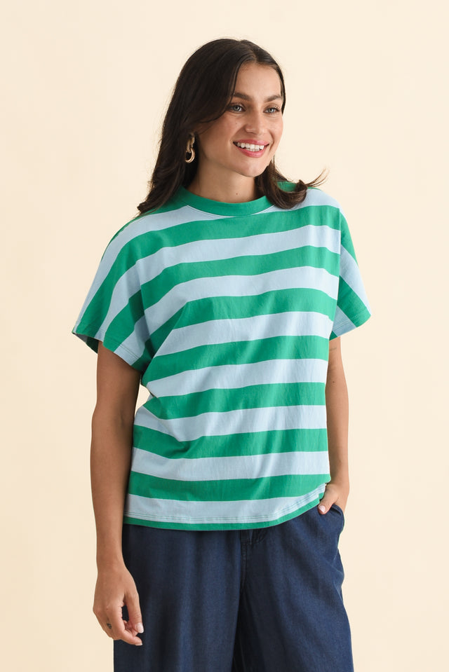 Poet Teal Stripe Cotton Tee,Brunette model,alt text|model:Brontie image 4