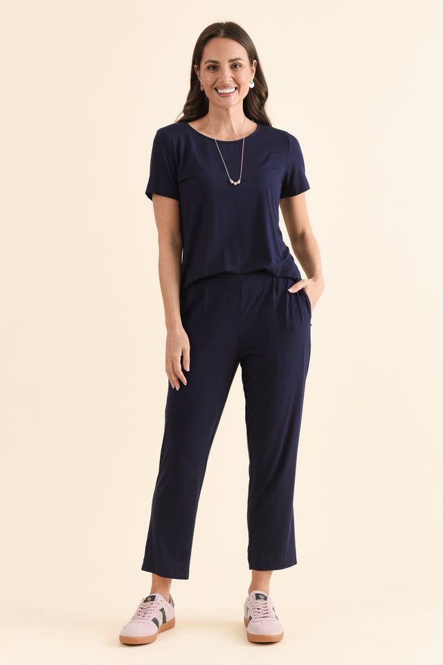 Polaris Navy Bamboo Cropped Pants,Full Body,Brunette model,alt text|model:MJ image 6