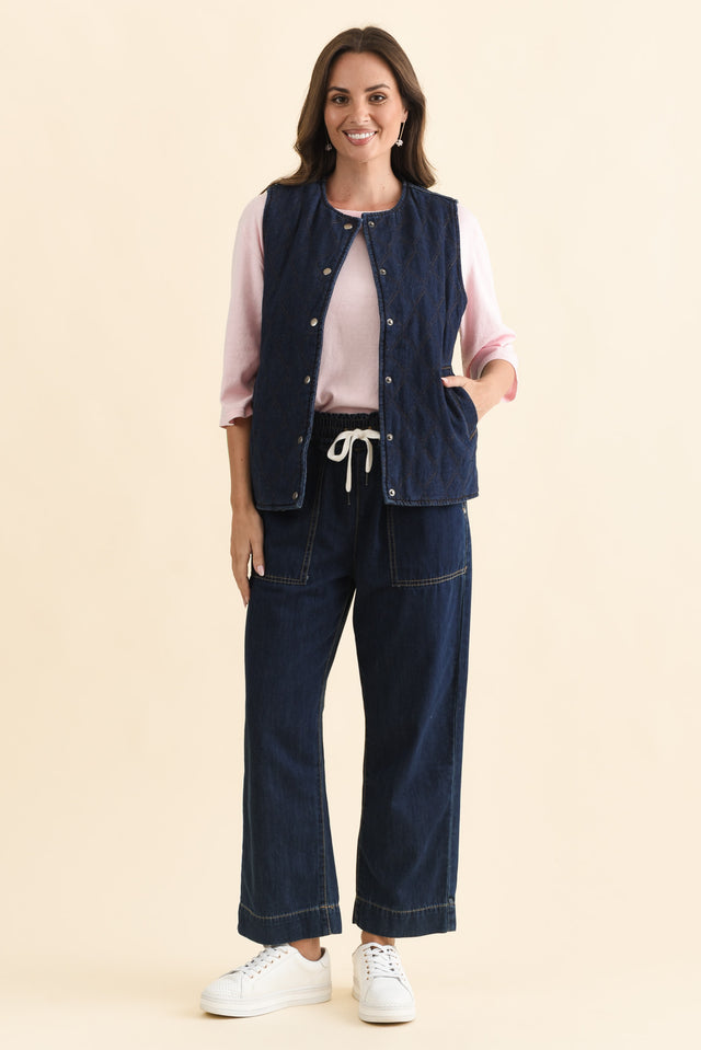 Polly Dark Blue Denim Quilted Vest,Brunette model,alt text|model:MJ image 4