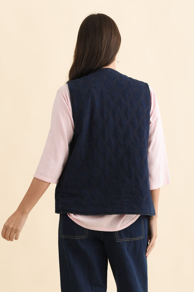 Polly Dark Blue Denim Quilted Vest,Brunette model,alt text|model:MJ image 6