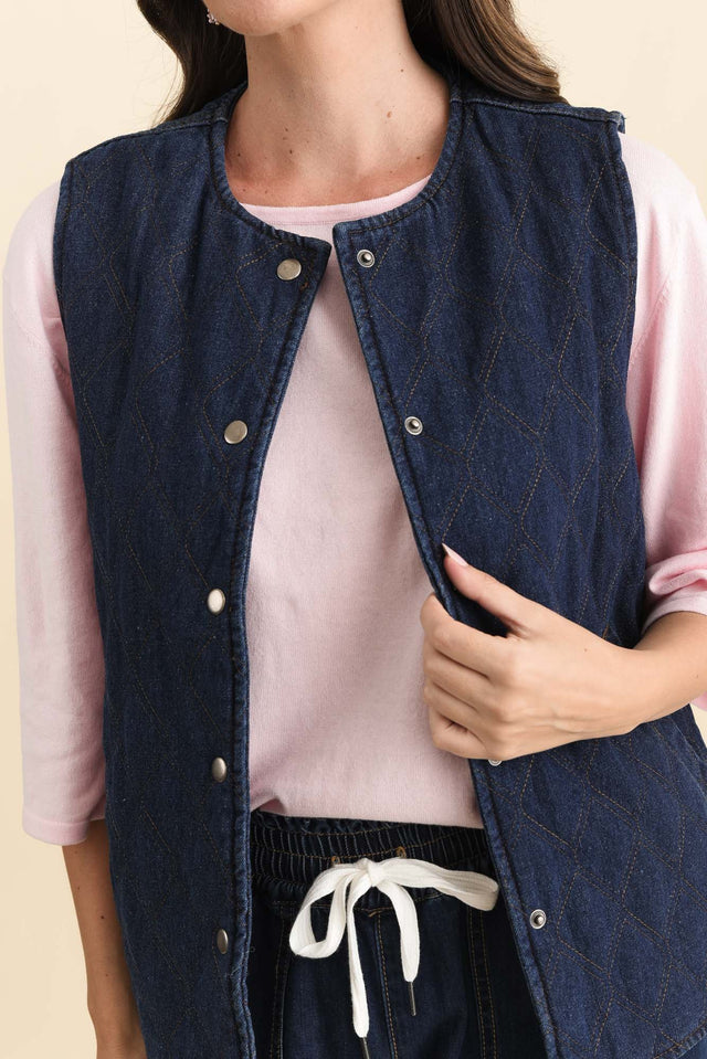 Polly Dark Blue Denim Quilted Vest,Brunette model,alt text|model:MJ image 7