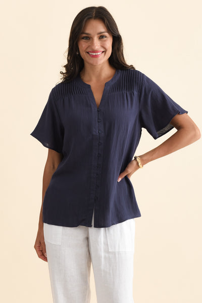 Ponny Navy Linen Blend Button Top