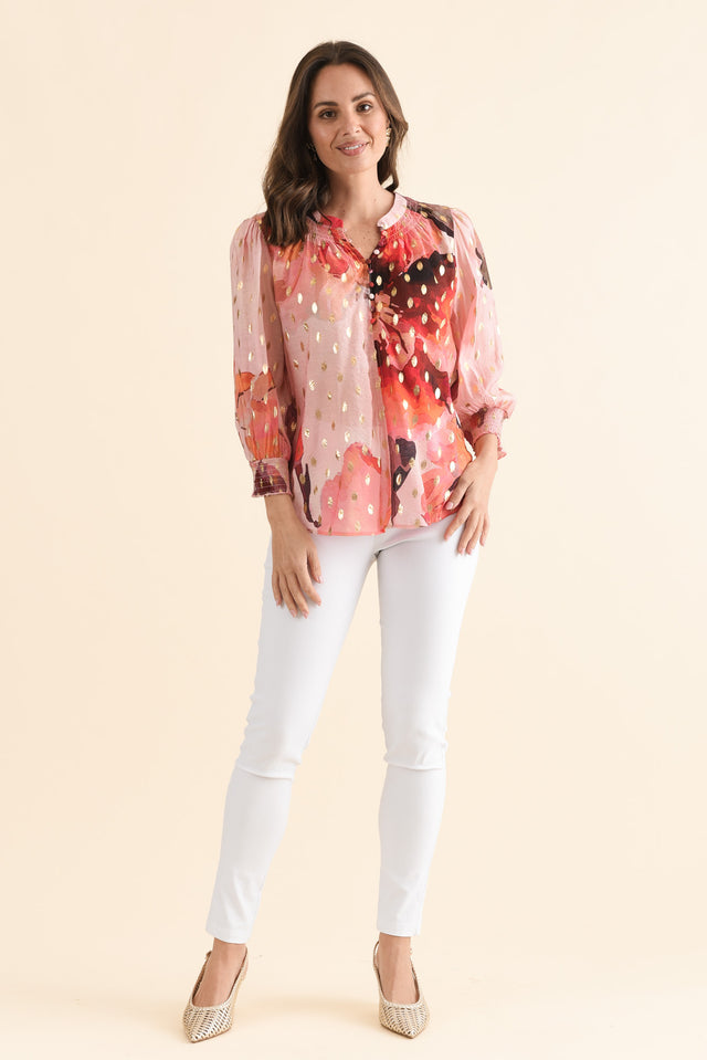 Ponting Pink Floral Foil Button Blouse,Full Body,Brunette model,alt text|model:MJ image 6