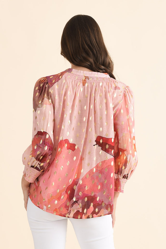 Ponting Pink Floral Foil Button Blouse,Back,Brunette model,alt text|model:MJ image 4