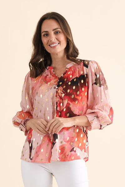 Ponting Pink Floral Foil Button Blouse
