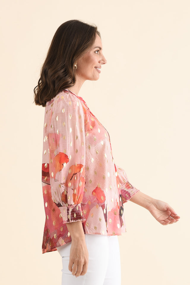 Ponting Pink Floral Foil Button Blouse,Side,Brunette model,alt text|model:MJ image 3