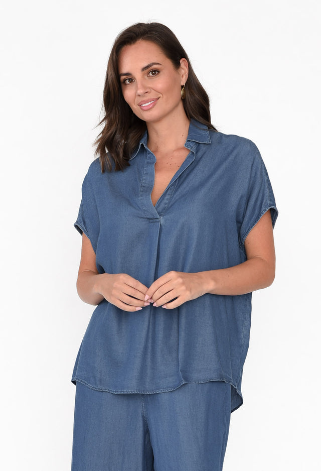 Port Campbell Blue Denim Drape Top neckline_V Neck