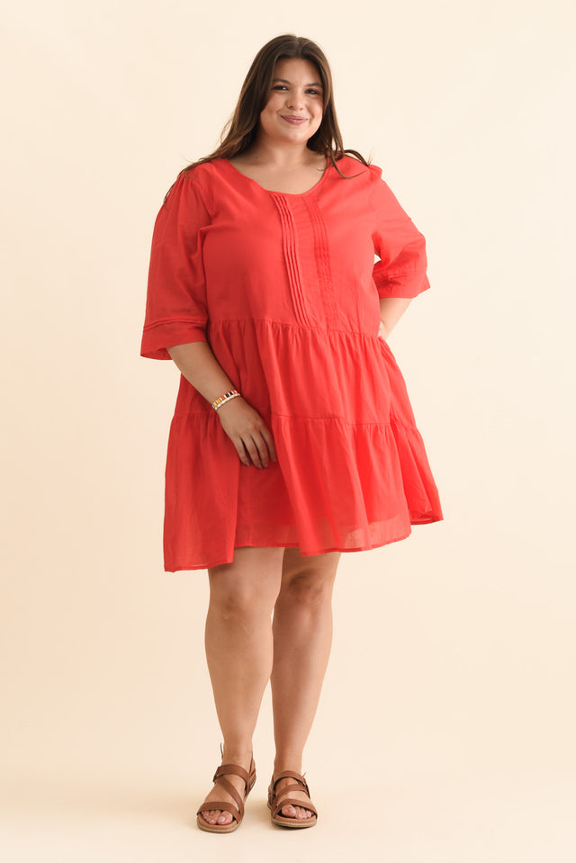 Portia Red Cotton Asymmetrical Dress,Brunette model,alt text|model:Gabby image 10