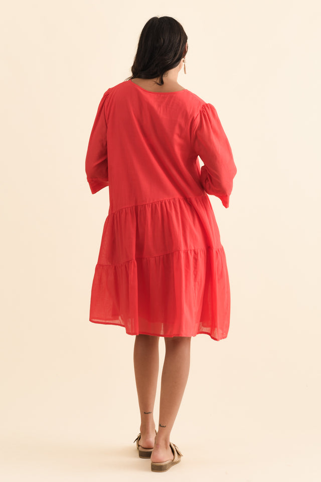 Portia Red Cotton Asymmetrical Dress,Brunette model,alt text|model:Brontie image 6