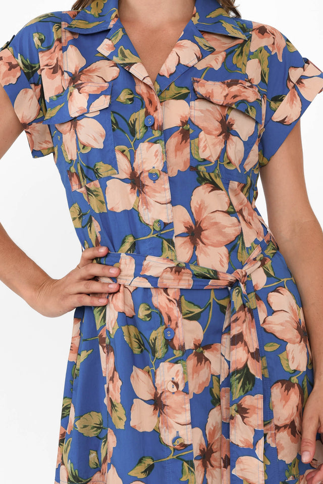 Porto Blue Floral Cotton Tie Dress,Brunette model,alt text|model:Johanna image 7