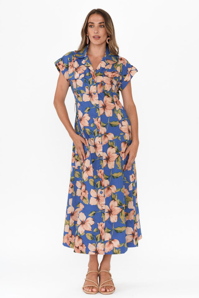 Porto Blue Floral Cotton Tie Dress,Brunette model,alt text|model:Johanna