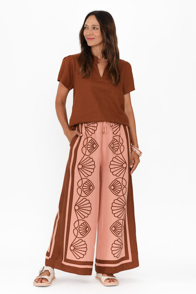 Aphrodite Chocolate Seashell Linen Pants,Brunette model,alt text|model:Cara image 3