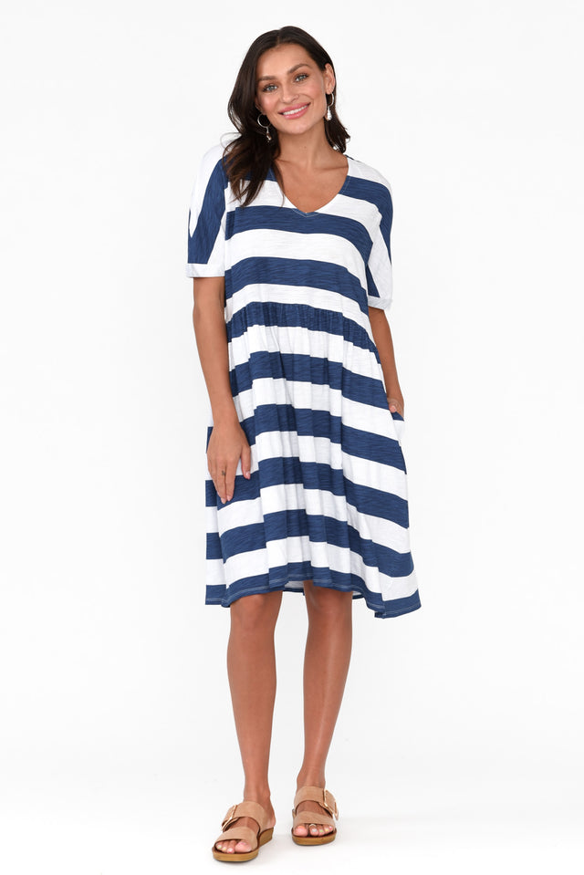 Portsea Blue Stripe Cotton Gather Dress