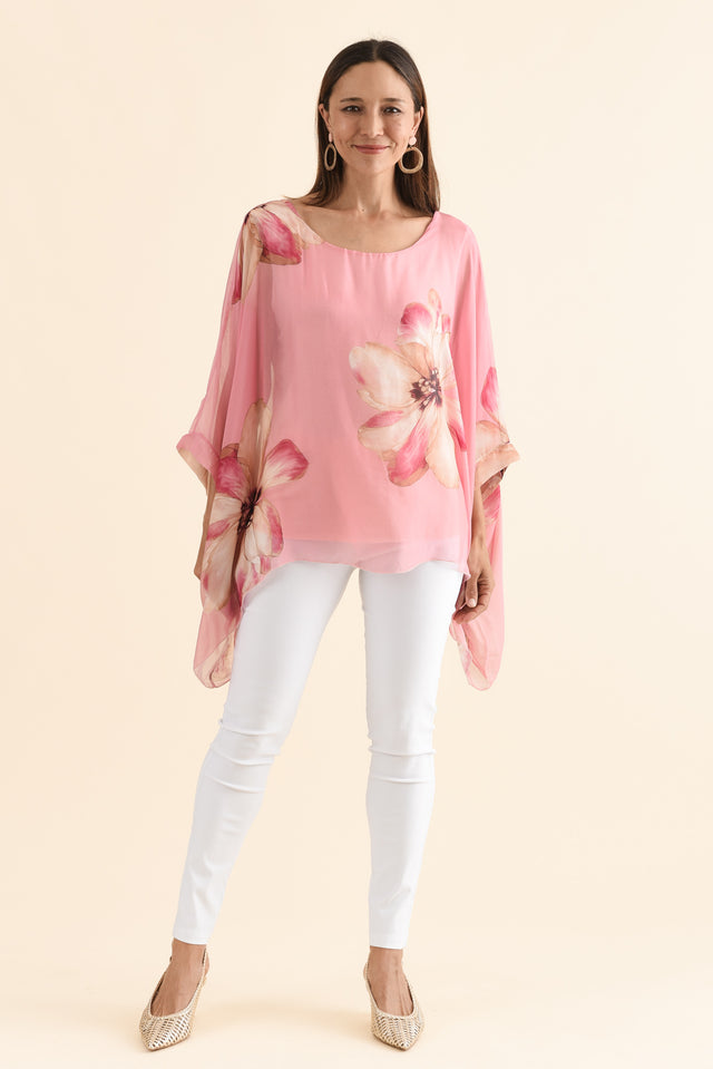 Posie Pink Flower Silk Overlay Top,Full Body,Brunette model,alt text|model:Cara image 6