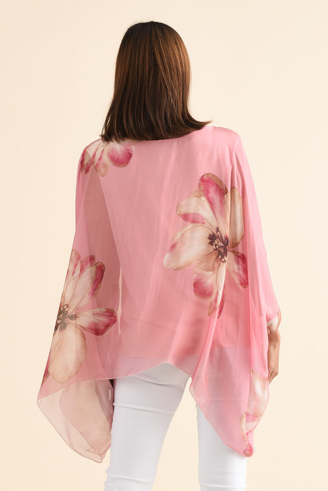 Posie Pink Flower Silk Overlay Top,Back,Brunette model,alt text|model:Cara image 4