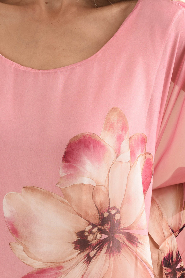 Posie Pink Flower Silk Overlay Top,Detail,Brunette model,alt text|model:Cara image 5