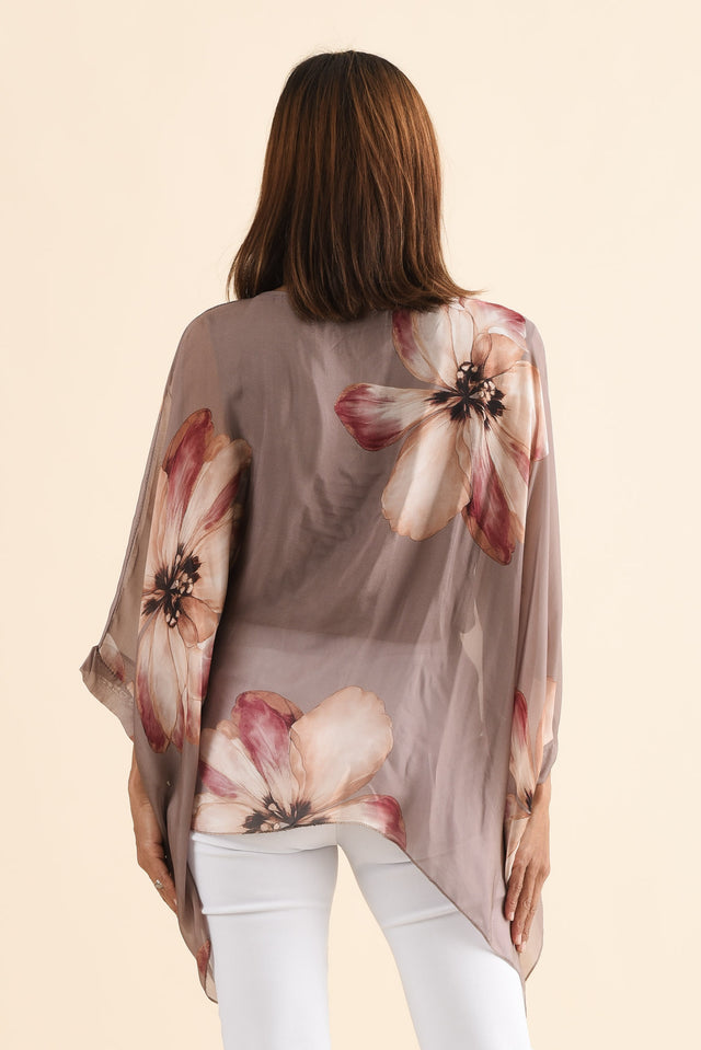 Posie Taupe Flower Silk Overlay Top,Back,Brunette model,alt text|model:Cara image 4