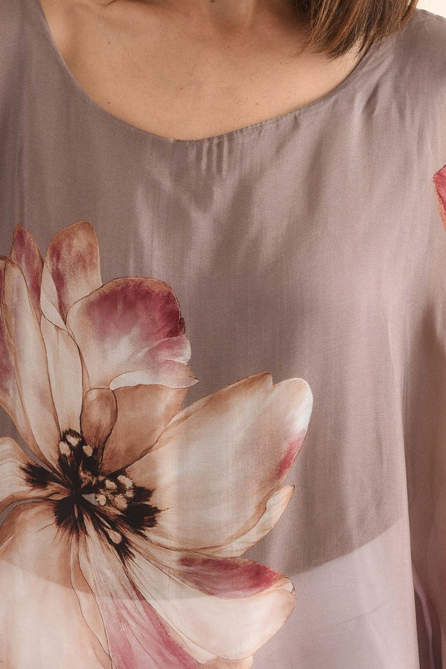 Posie Taupe Flower Silk Overlay Top,Detail,Brunette model,alt text|model:Cara image 5