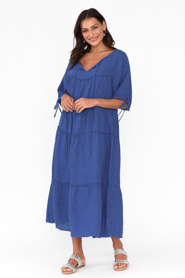 Prairie Cobalt Gathered Linen Dress