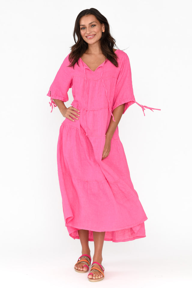 Prairie Hot Pink Gathered Linen Dress