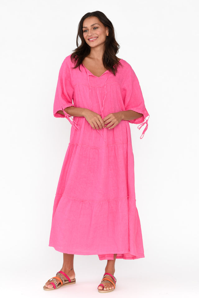 Prairie Hot Pink Gathered Linen Dress image 6