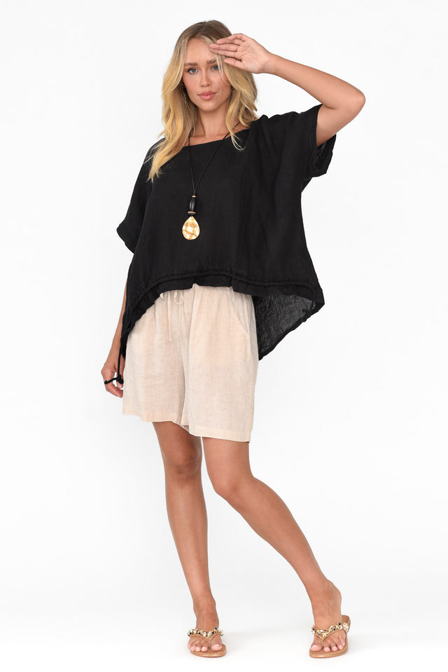 Prato Black Drawstring Linen Top