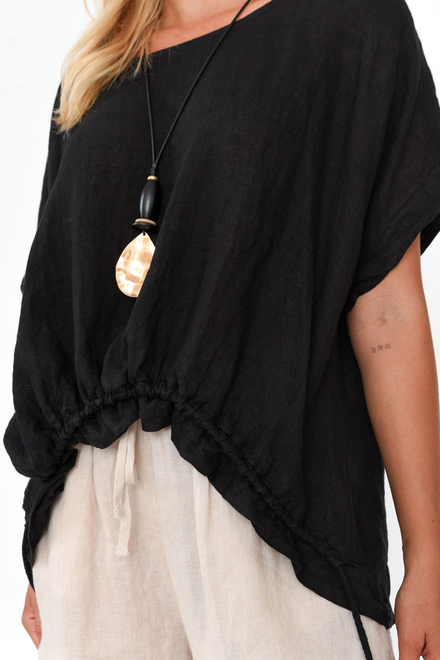 Prato Black Drawstring Linen Top