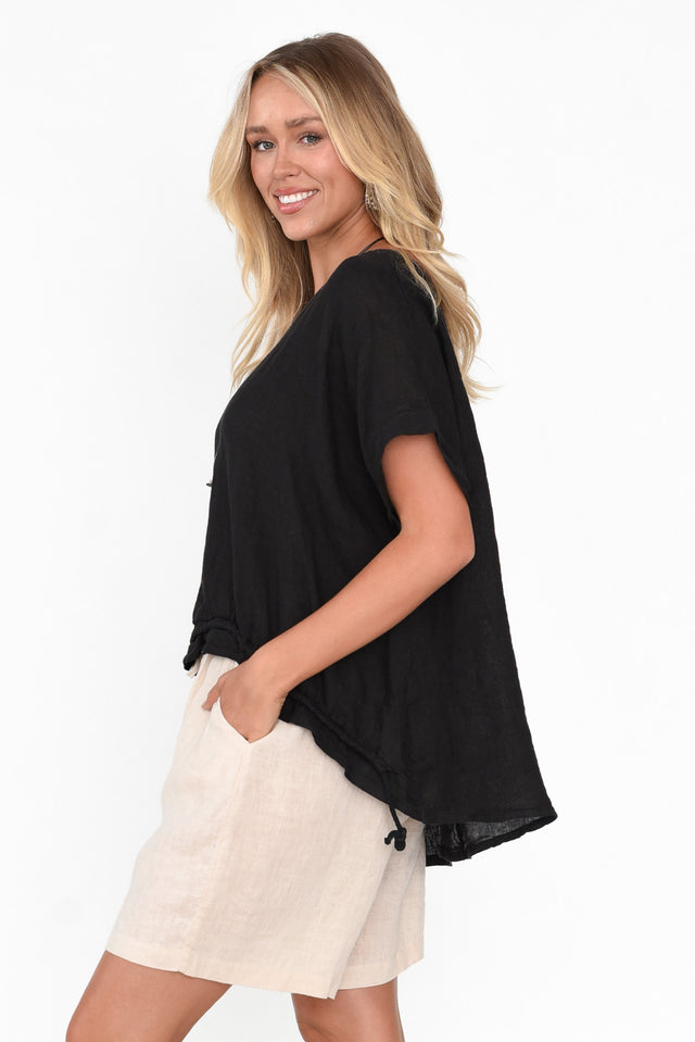 Prato Black Drawstring Linen Top