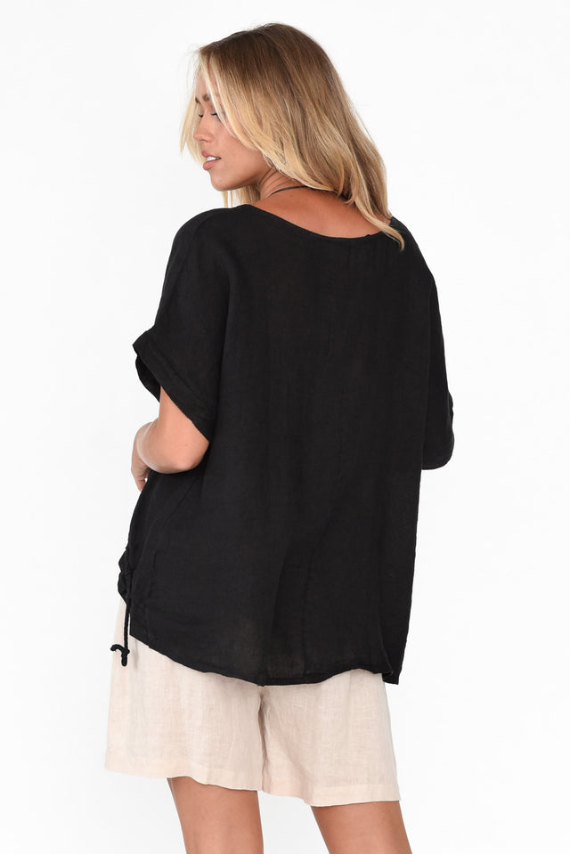 Prato Black Drawstring Linen Top