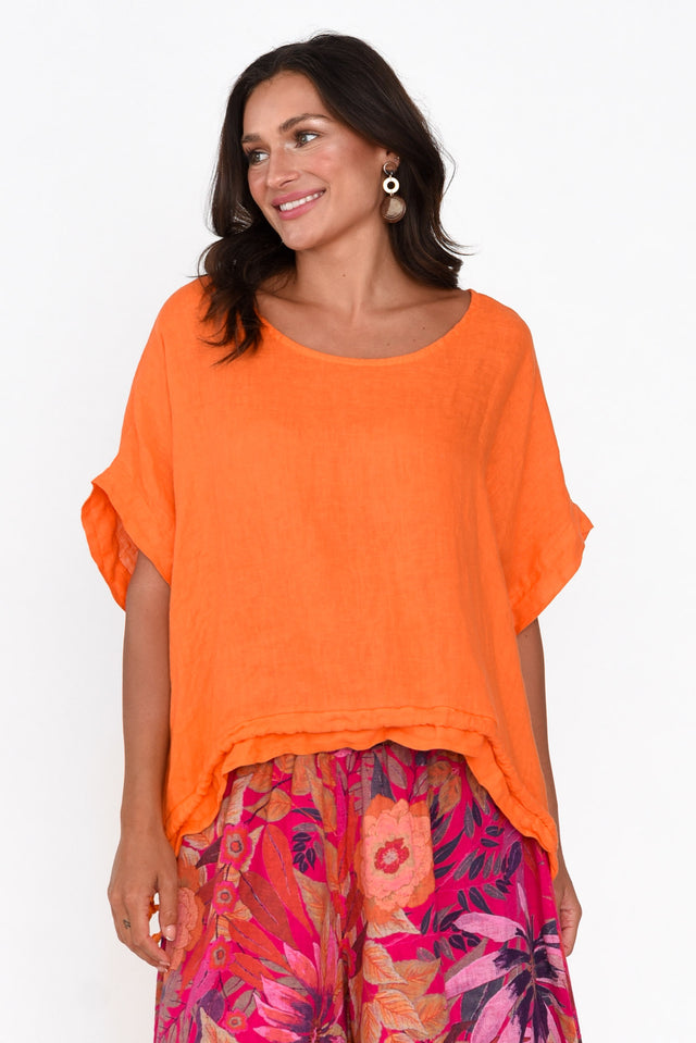 Prato Orange Drawstring Linen Top neckline_Round  alt text|model:Brontie;wearing:One Size image 1