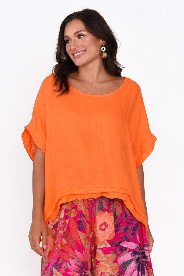 Prato Orange Drawstring Linen Top neckline_Round