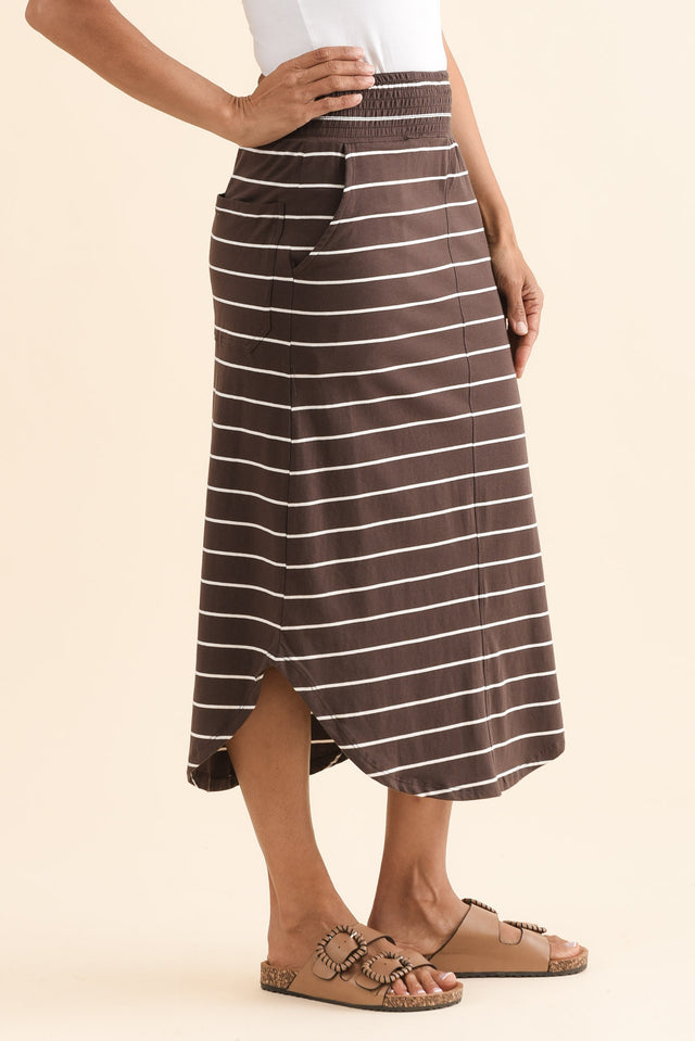 Presley Dark Brown Stripe Cotton Shirred Skirt,Side,Brunette model,alt text|model:Cara image 3