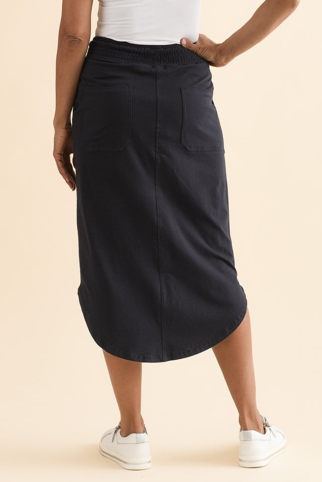 Presley Navy Cotton Shirred Skirt,Back,Brunette model,alt text|model:Cara image 4