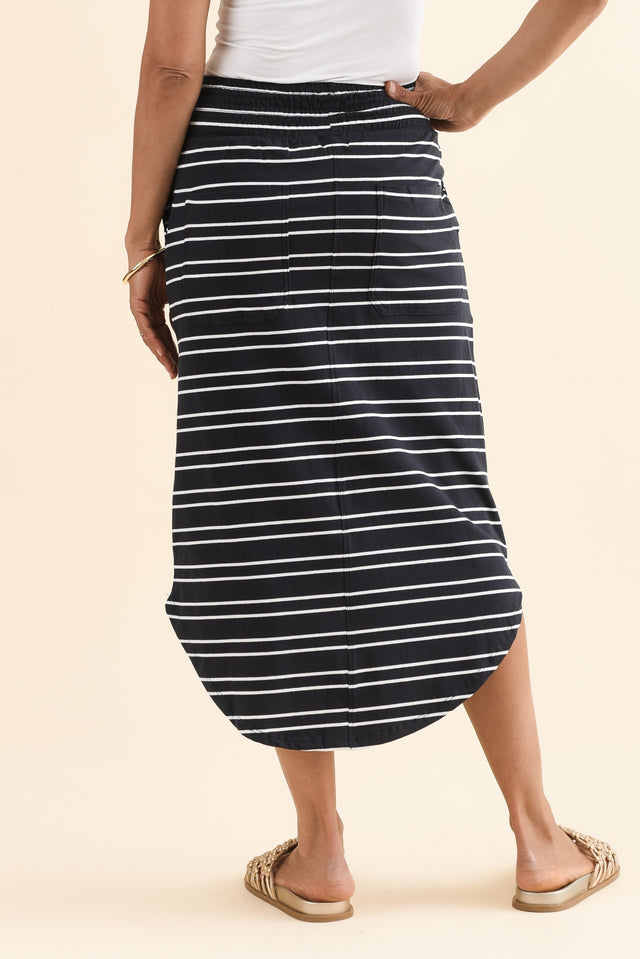 Presley Navy Stripe Cotton Shirred Skirt,Back,Brunette model,alt text|model:Cara image 4