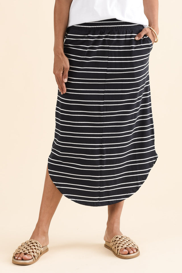 Presley Navy Stripe Cotton Shirred Skirt,Front,Brunette model,alt text|model:Cara image 1