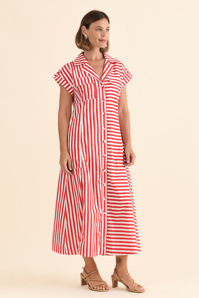 Preston Red Stripe Cotton Tie Dress,Side,Brunette model,alt text|model:Laura image 3