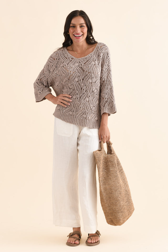 Prima Taupe Woven Top,Full Body,Brunette model,alt text|model:Brontie