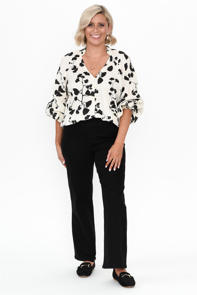 Quinby Black Floral Linen Puff Sleeve Shirt image 7