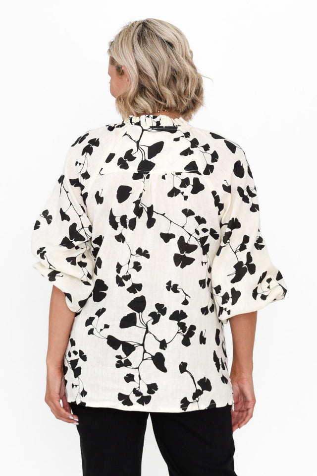 Quinby Black Floral Linen Puff Sleeve Shirt image 5