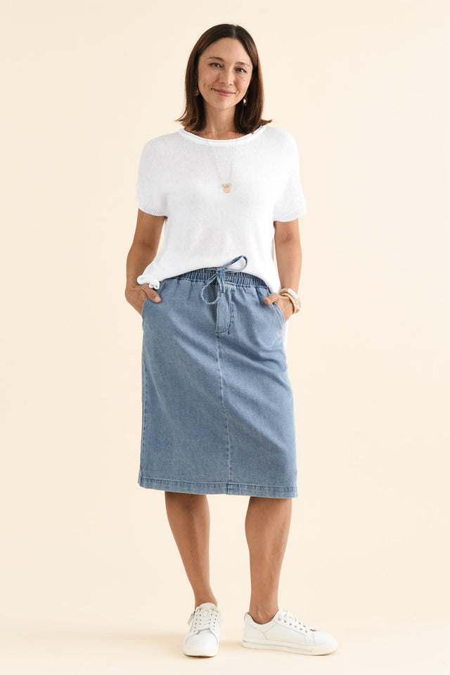 Quinn Blue Denim Drawstring Skirt,brunette model,Full Outfit,alt text|model:Cara image 6