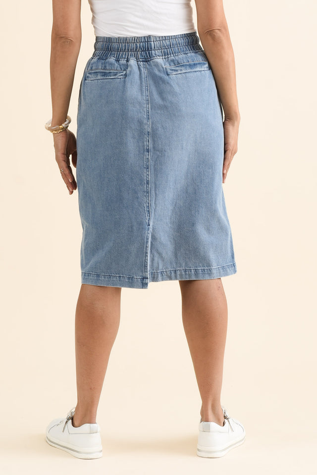 Quinn Blue Denim Drawstring Skirt,brunette model,Back of Outfit,alt text|model:Cara image 4