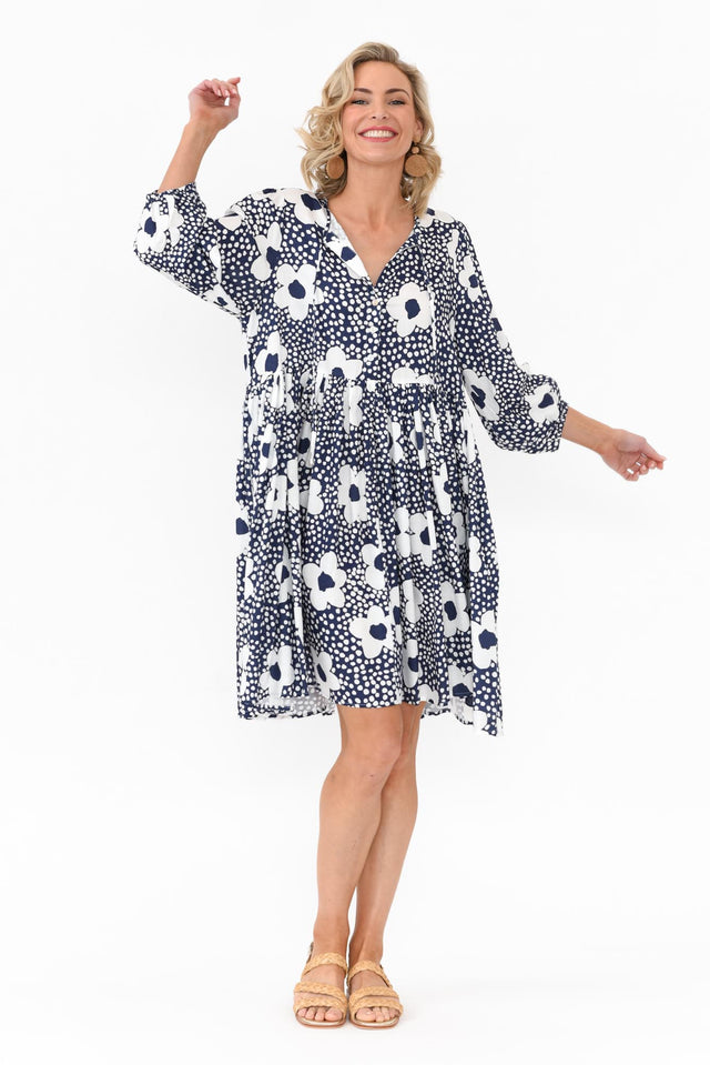 Quinta Navy Bloom Cotton Blend Dress