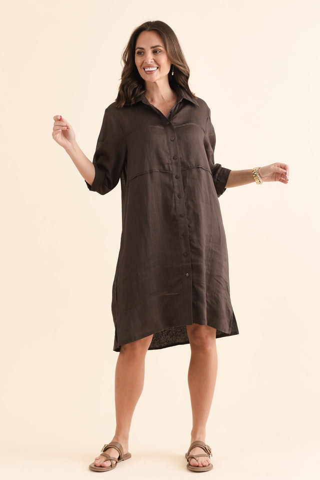 Radley Chocolate Cotton Pleated Shirt Dress,Front,Brunette model,alt text|model:MJ image 1