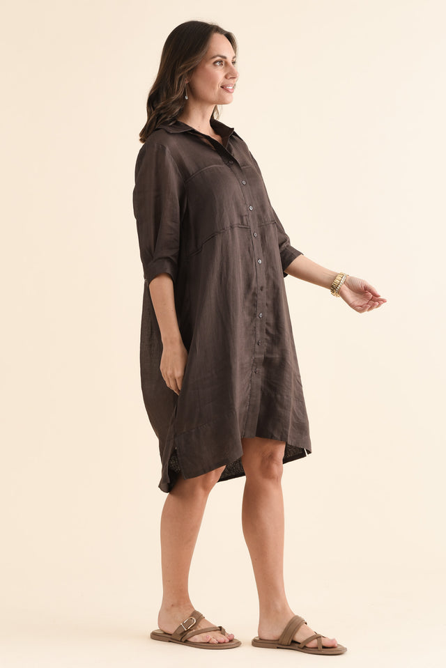 Radley Chocolate Cotton Pleated Shirt Dress,Side,Brunette model,alt text|model:MJ image 3