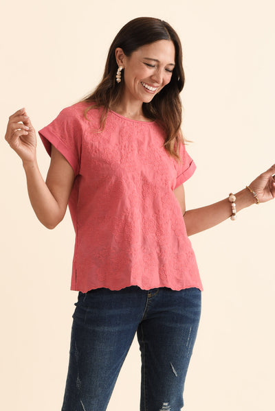 Raewyn Berry Flower Embroidered Cotton Top