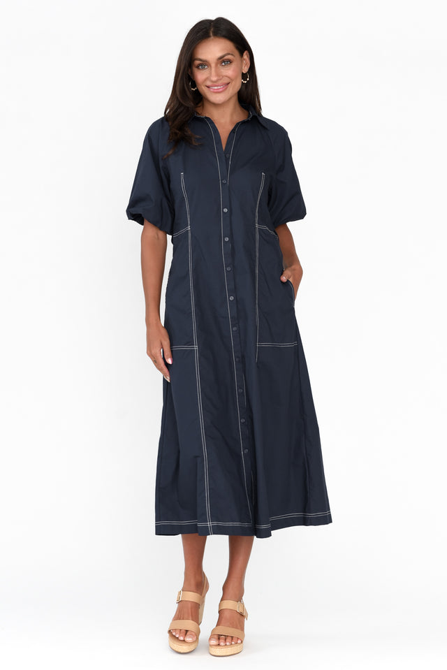 Ralphie Navy Cotton Contrast Stitch Dress