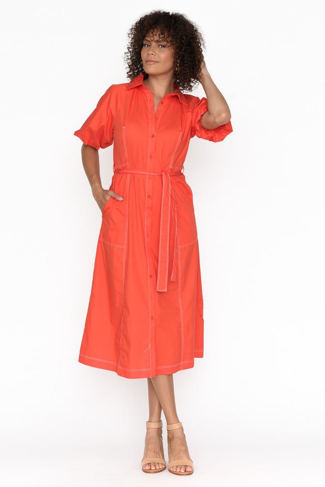 Ralphie Orange Cotton Contrast Stitch Dress image 3