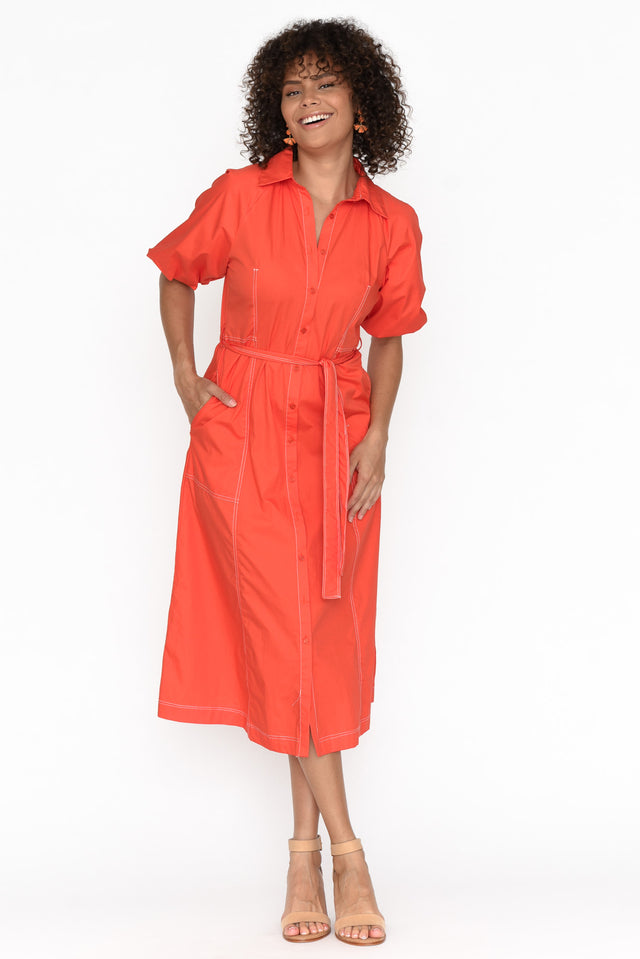 Ralphie Orange Cotton Contrast Stitch Dress image 7