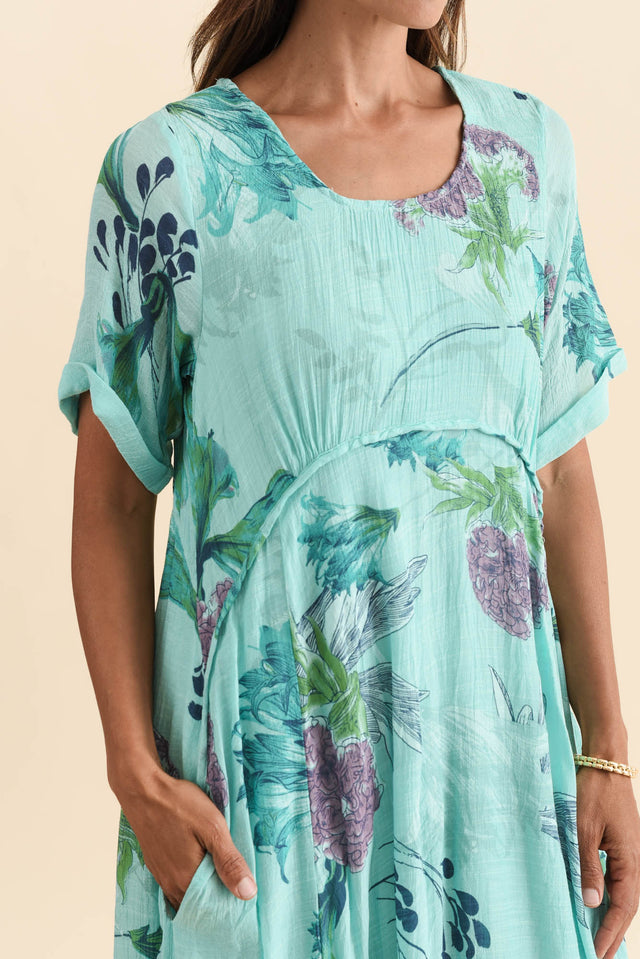 Ramona Blue Floral Cotton Blend Dress,Brunette model,alt text|model:Cara image 6